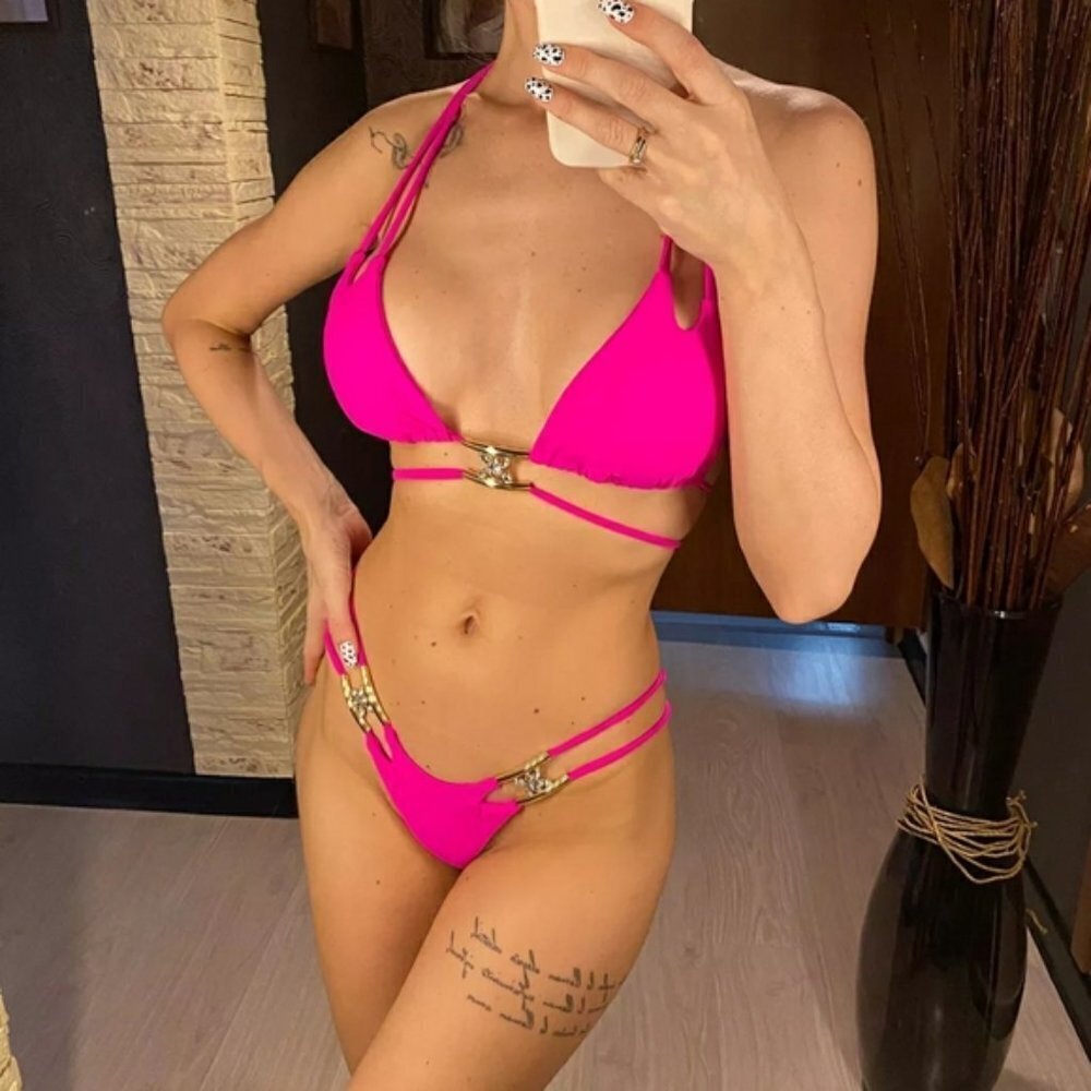 New Hot Pink Strappy Crystal Accent Bikini Set Swimsuit